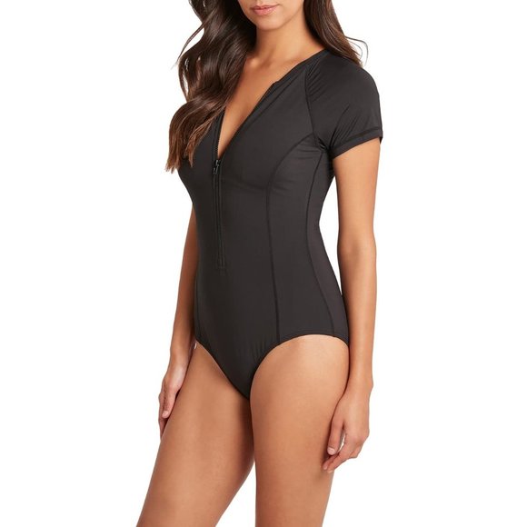 SEA LEVEL Short Sleeve Multifit Zip Front Swimsuit Black 12 NEW - Picture 3 of 8